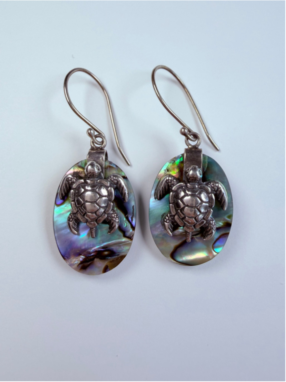 Sea Turtle Abalone Shell 925 Sterling Silver Oval Dangle Vintage 1.5" Earrings